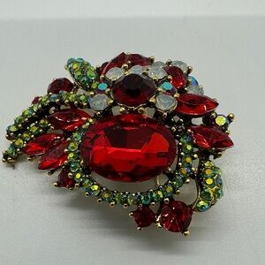 Vibrant Modern Multicolor Red Green Gemstone Brooch Sparkly Costume Jewelry